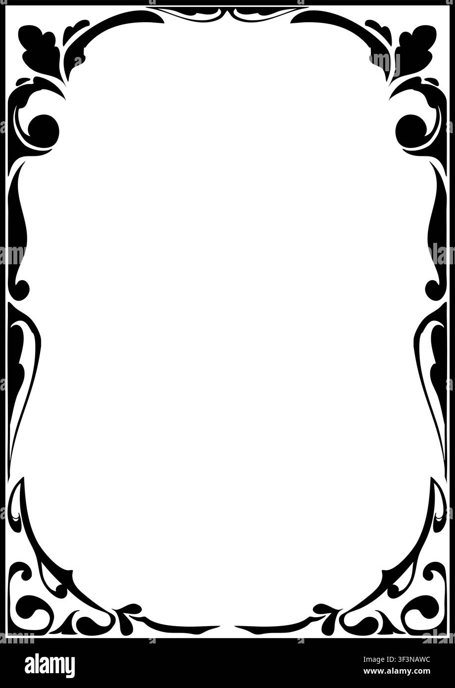 Elegante cornice ornamentale Art Nouveau con curve fluide e dettagli decorativi intricati. Ideale per certificati A4, inviti, poster, copertine di libri Illustrazione Vettoriale