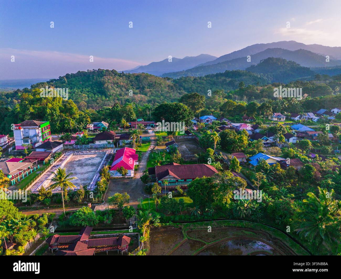 Vista aerea di rigogliosi campi di riso a terrazza che riflettono la luce del sole dell'ora dorata con alberi tropicali circostanti e un villaggio rurale a Trawas, Giava orientale Foto Stock