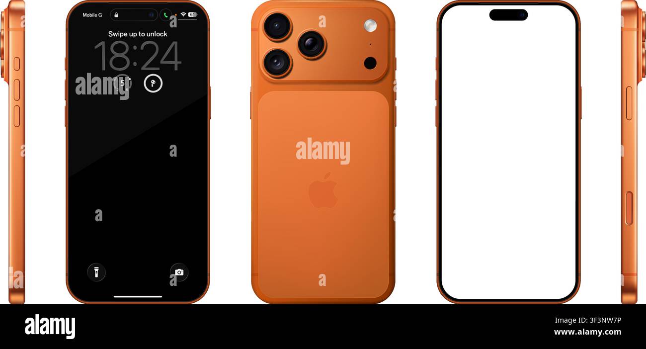 Modello fotorealistico dettagliato Apple Iphone 17 Pro Max Cosmic Orange. Viste frontale, posteriore e laterale isolate su sfondo trasparente. Dimensioni reali. Illustrazione Vettoriale