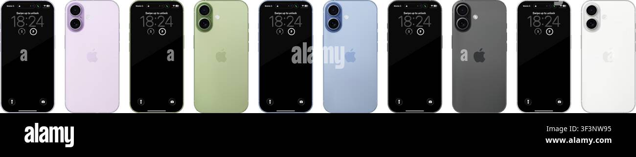 Mockup fotorealistico dettagliato della linea completa Apple iPhone 17: Lavanda, Salvia, Blu Nebbia, Bianco, Nero. Vista frontale e posteriore isolata su sfondo trasparente Illustrazione Vettoriale