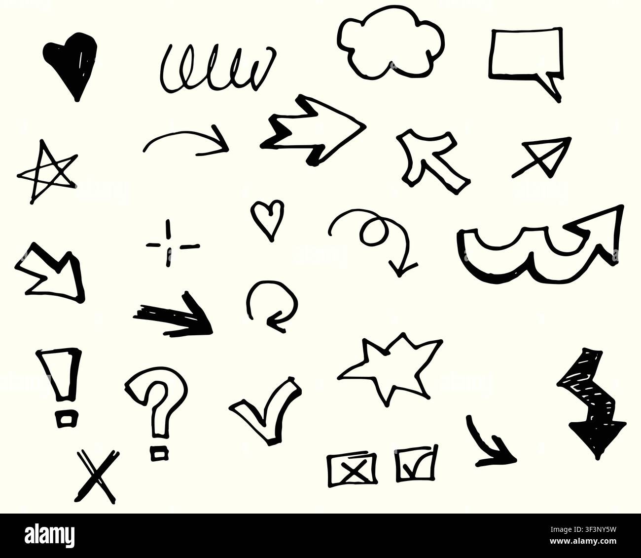 Set di elementi disegnati a mano: frecce, cuori, stella, bolla di discorso, segni di spunta, segni di croce in quadri, punto esclamativo, punto interrogativo, linea zigzag Illustrazione Vettoriale