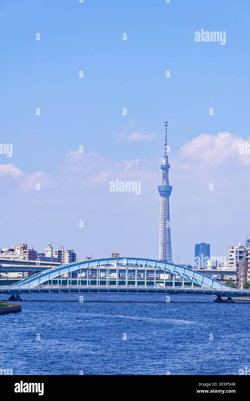 Il Tokyo Skytree che si erge oltre il fiume Sumida e il ponte Eitai in una limpida giornata estiva, mostrando uno dei paesaggi iconici del lungomare e della modernità di Tokyo Foto Stock