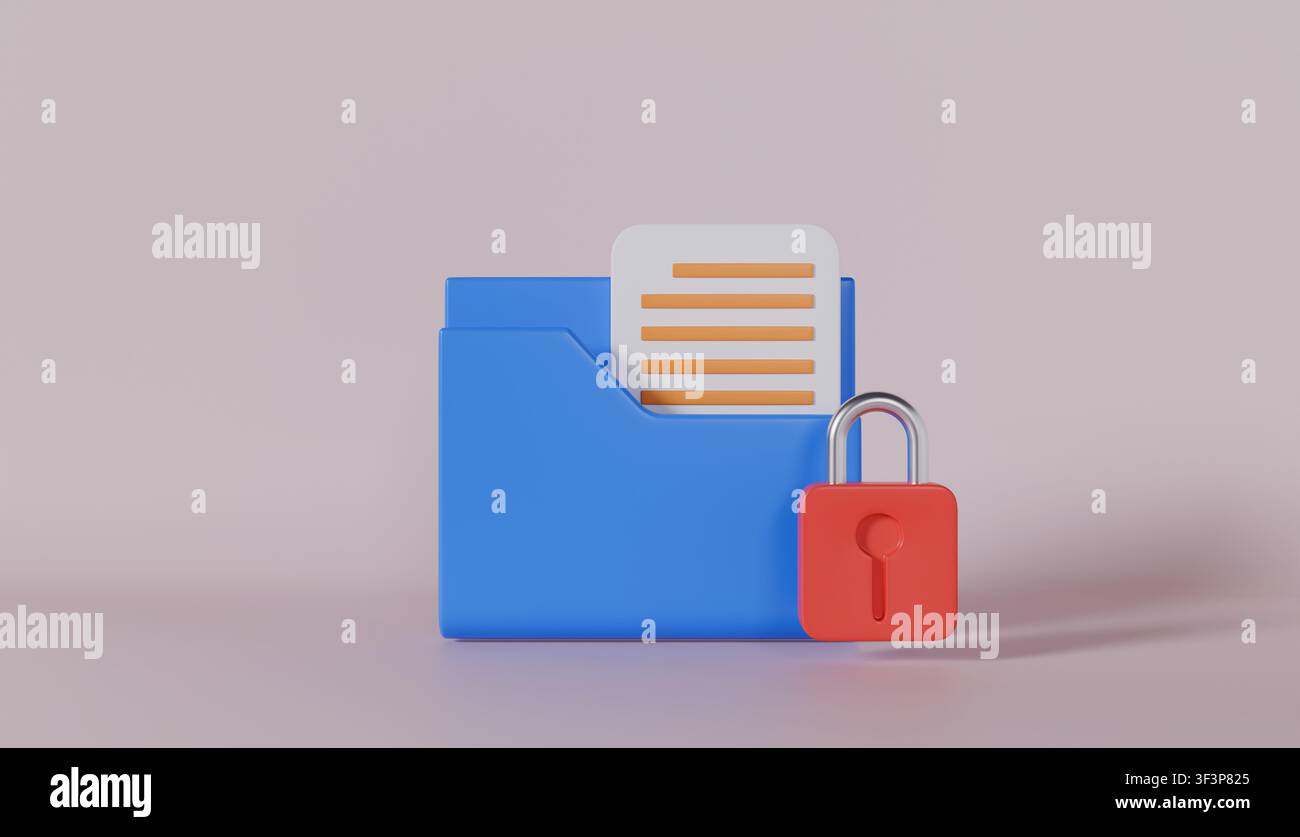 Cartella documenti 3D con lucchetto come concetto di sicurezza aziendale, protezione dei dati e riservatezza Foto Stock
