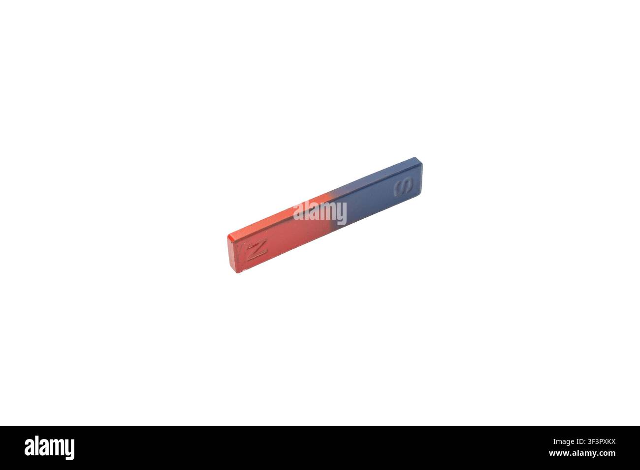 Magnete a barra singola con poli nord e sud isolati su sfondo bianco Foto Stock