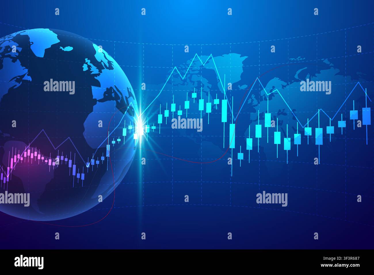 Illustrazione finanziaria moderna con un globo digitale, grafici a candela rialzisti e ribassisti, linee di tendenza del mercato e trading globale Illustrazione Vettoriale