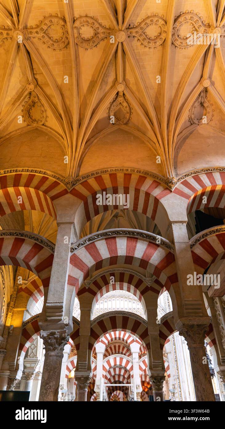 Vista degli archi a ferro di cavallo a strisce rosse e bianche e del soffitto a volta ornato all'interno della Mezquita-Cattedrale di Cordova, Andalusia, Spagna, che mette in risalto l'elemento moresco Foto Stock