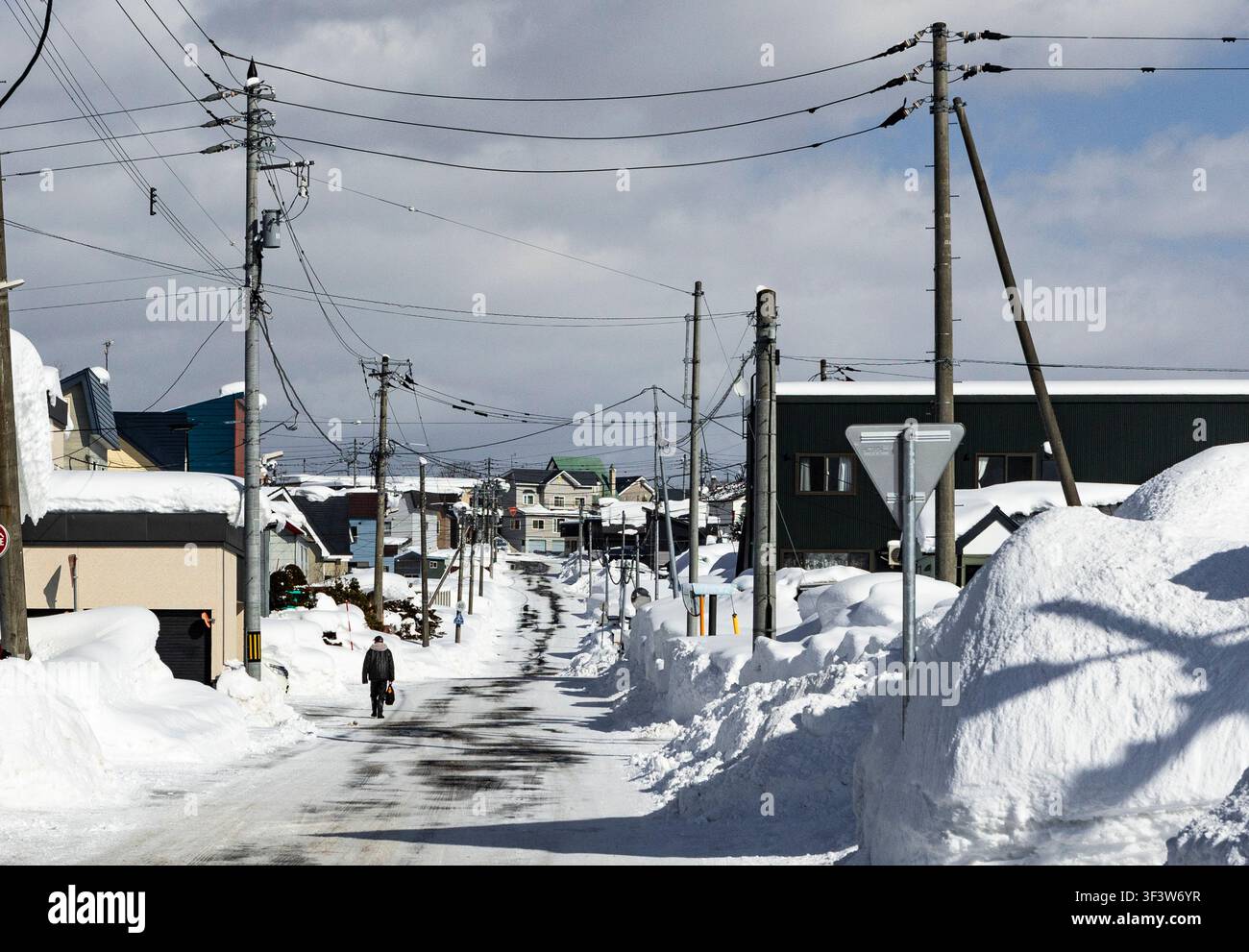 Una tranquilla strada residenziale a Niseko, Hokkaido, Giappone, fiancheggiata da cumuli di neve profonda, case, pali elettrici e cavi aerei dopo la rimozione della neve invernale Foto Stock