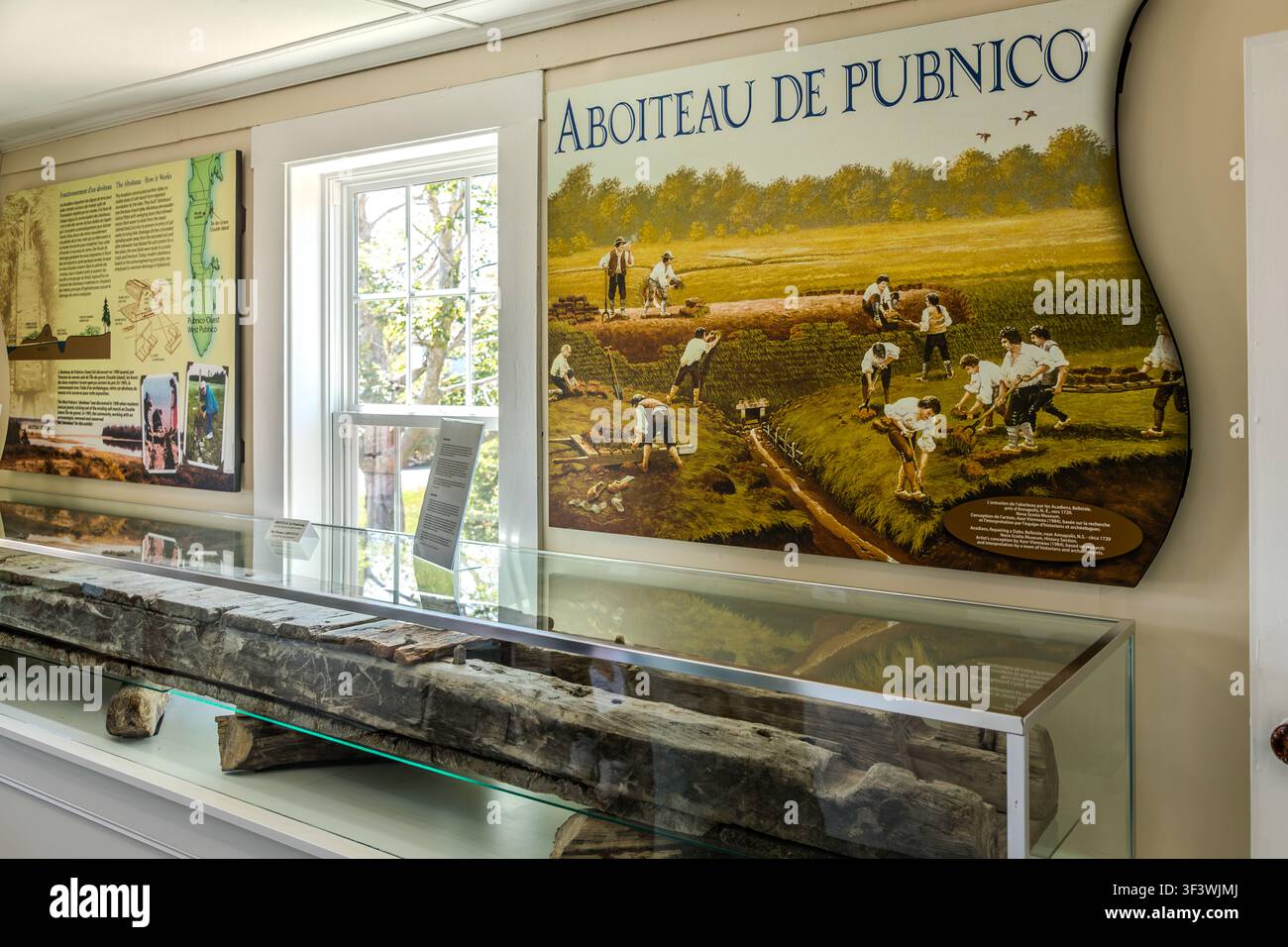 Una trave di legno originale proveniente da un Aboiteau storico è esposta al Musée des Acadiens des Pubnicos sulla Route 335 a West Pubnico, Nova Scotia. Un dipinto accompagnatorio intitolato “Aboiteau de Pubnico” raffigura la tecnica tradizionale di costruzione di dighe utilizzata dai coloni acadiani per riconquistare terreni paludosi per l’agricoltura attraverso chiuse di legno. Argyle Municipal, Nova Scotia, Canada Foto Stock