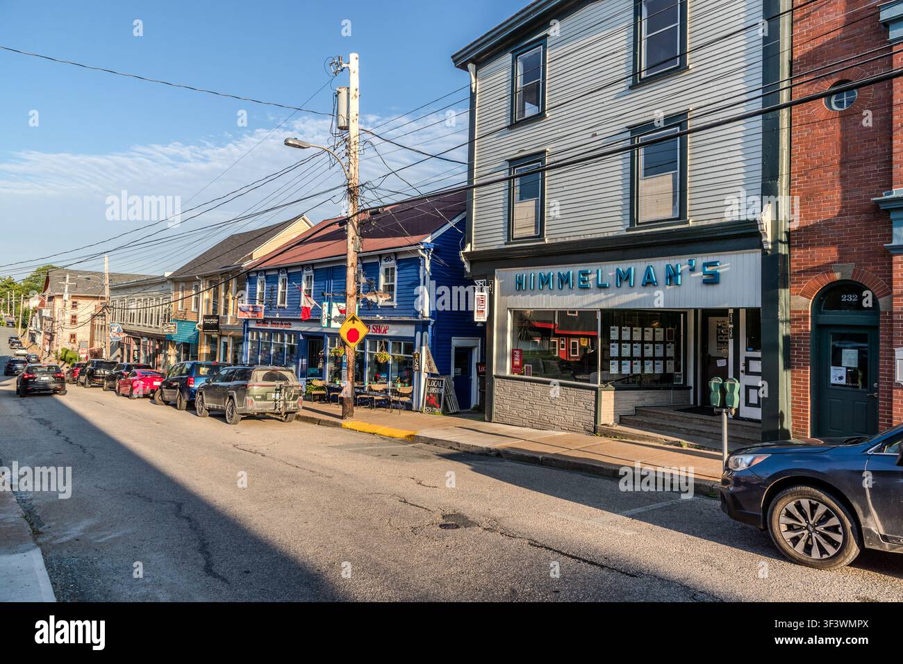 Gli edifici commerciali costeggiano Lincoln Street nella vecchia città di Lunenburg, Nuova Scozia, tra cui il negozio di regali e trofei di Himmelman. Gli edifici commerciali a tre piani, con locali commerciali al piano terra, risalgono principalmente alla fine del XIX secolo. Lunenburg, Nuova Scozia, Canada Foto Stock