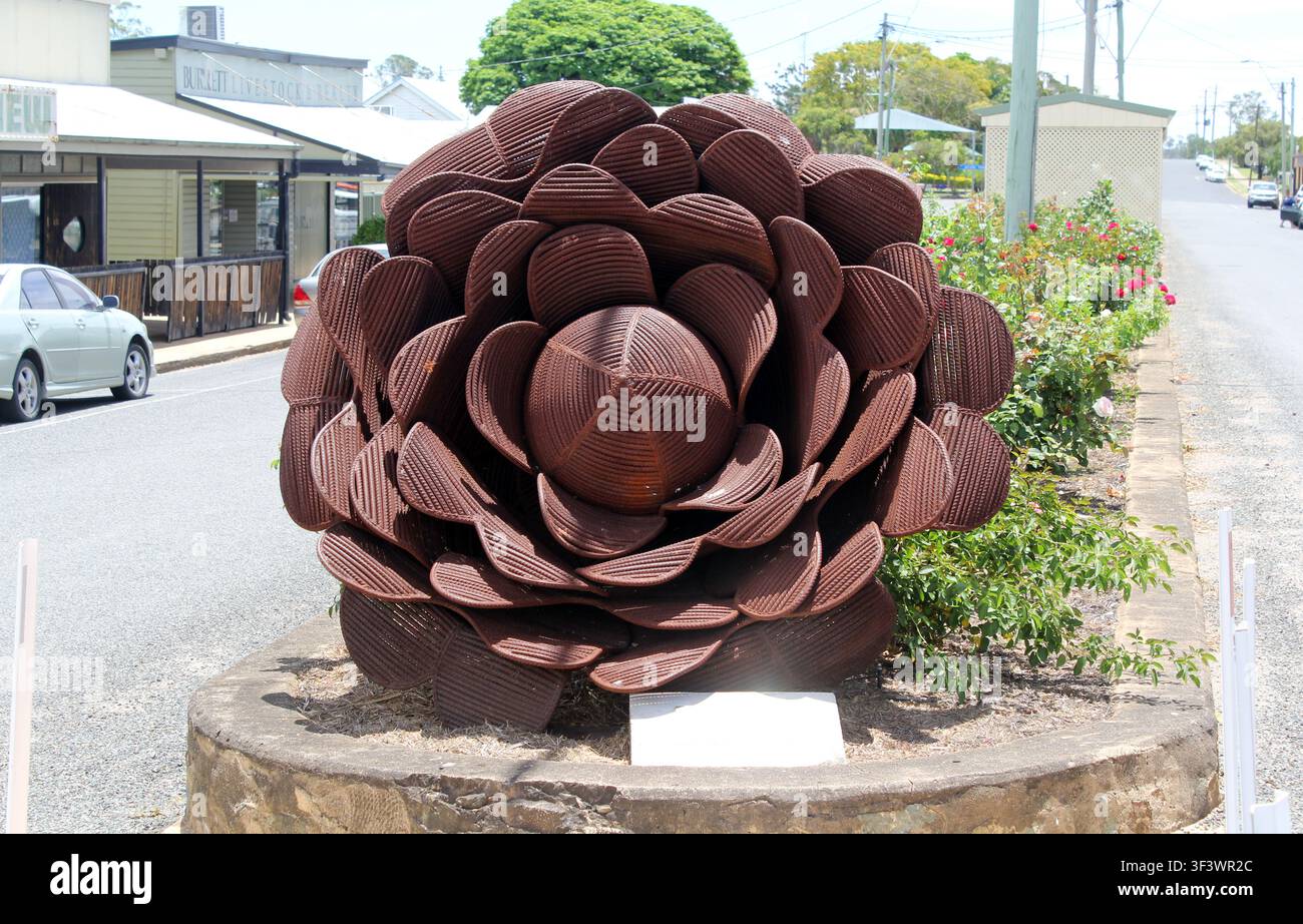 La scultura in acciaio "Biggenden Rose" dell’artista Craig Nelson, situata nei giardini dei rose di Edward Street a Biggenden, Queensland Foto Stock