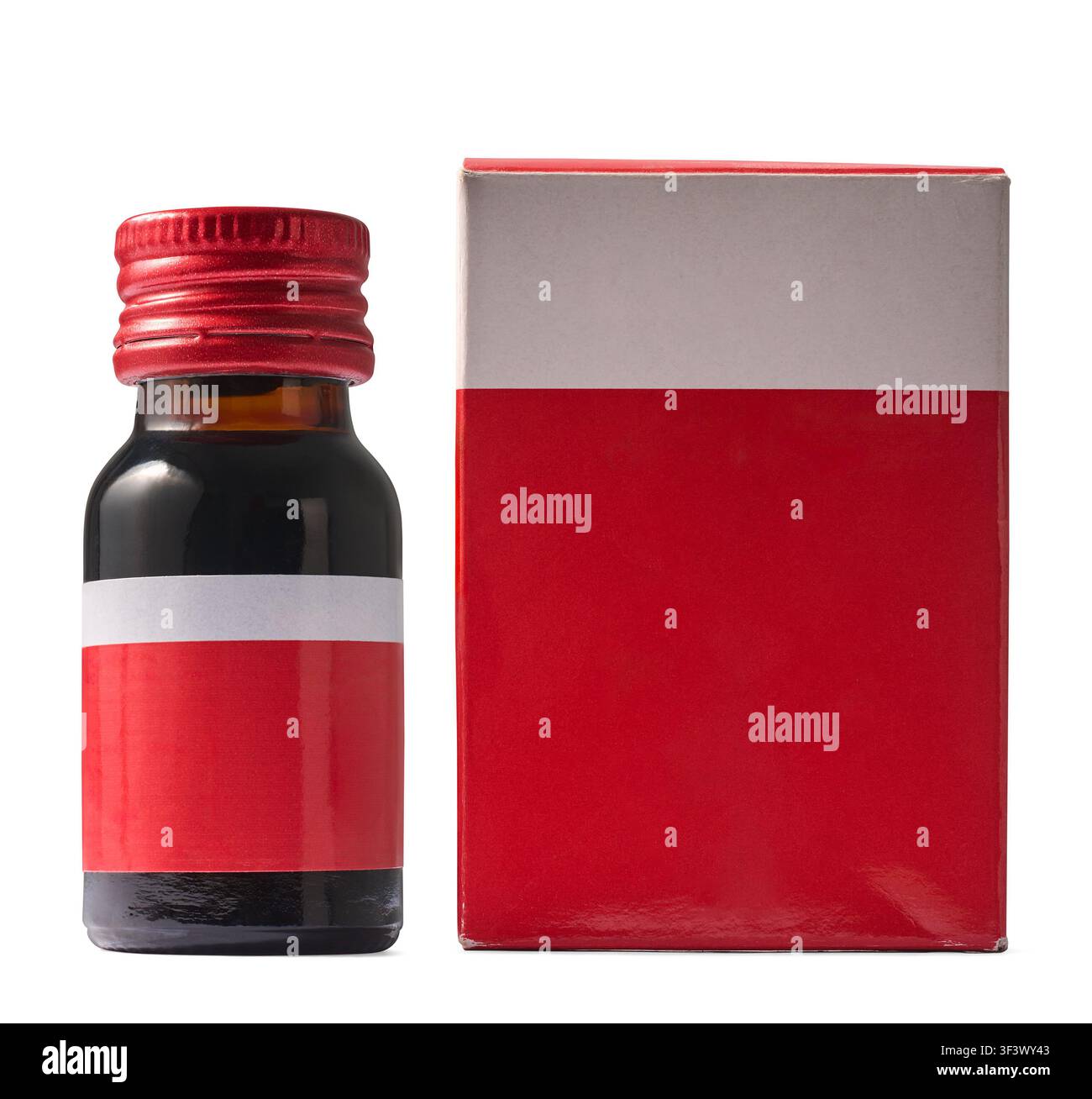 fiaschetta di medicina in vetro scuro e scatola di cartone isolata su sfondo bianco, modello mock-up con etichette vuote per il packaging farmaceutico di marca Foto Stock