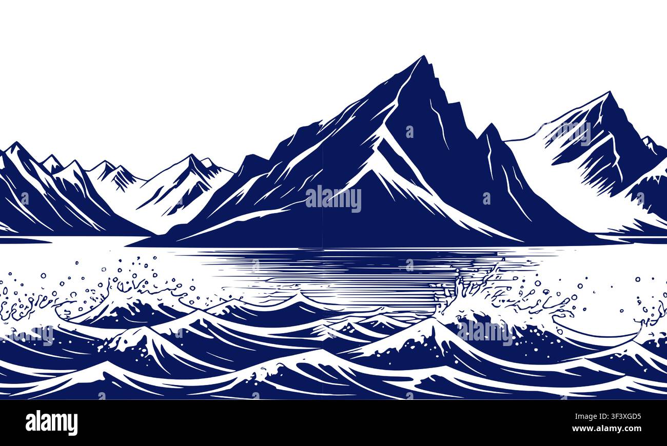Onde del mare o dell'oceano, montagne all'orizzonte, motivo orizzontale senza cuciture. Illustrazione vettoriale. Il bordo è evidenziato su sfondo bianco. Frutti di mare Illustrazione Vettoriale