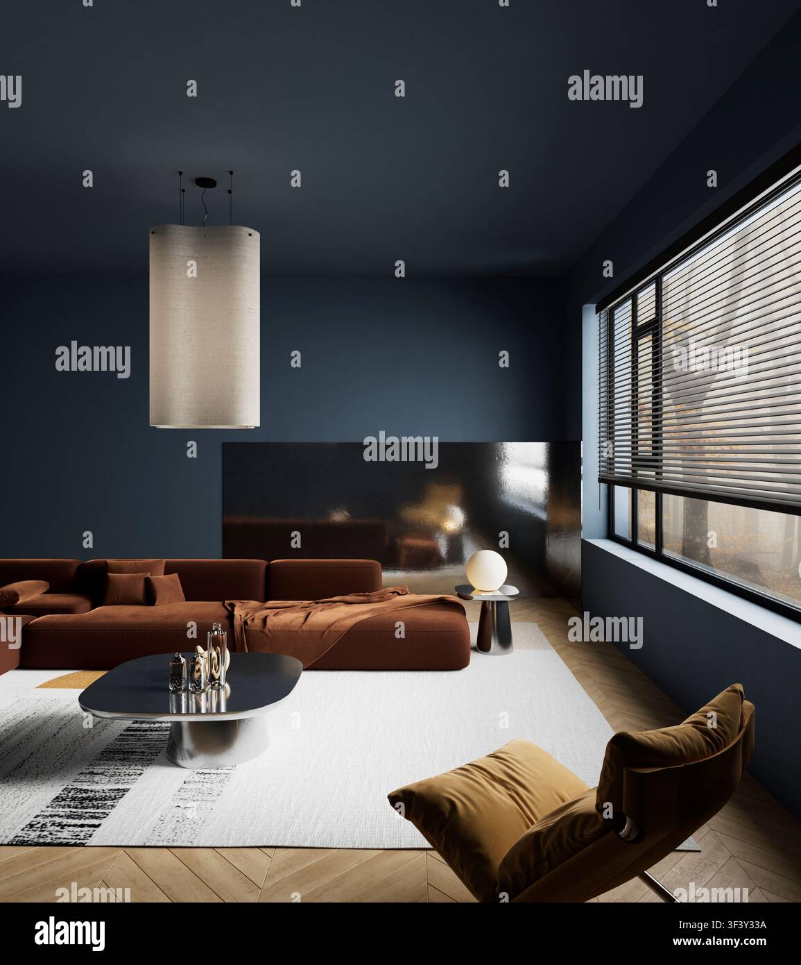 Interno residenziale contemporaneo con mobili di alta gamma, illuminazione elegante e decorazioni di lusso progettate per architettura, design d'interni e immobiliare Foto Stock
