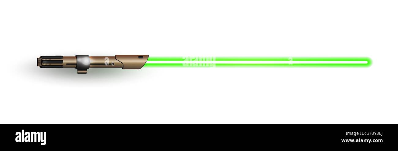 Nuovo design realistico di spada neon verde a forma di fiamma isolata su sfondo bianco. Arma energetica da combattimento ravvicinato. Illustrazione vettoriale Illustrazione Vettoriale