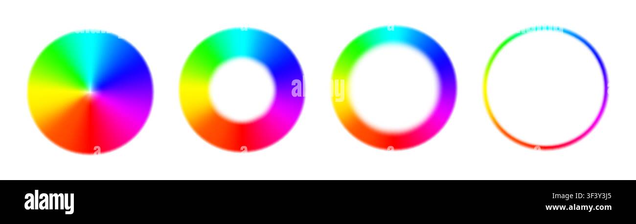 Confezione di cornici con sfumatura radiale a cerchio arcobaleno isolate su sfondo bianco. Ruota ad anelli di colori vivaci con gamma completa di tonalità. Palette rotonda RGB. Ve Illustrazione Vettoriale