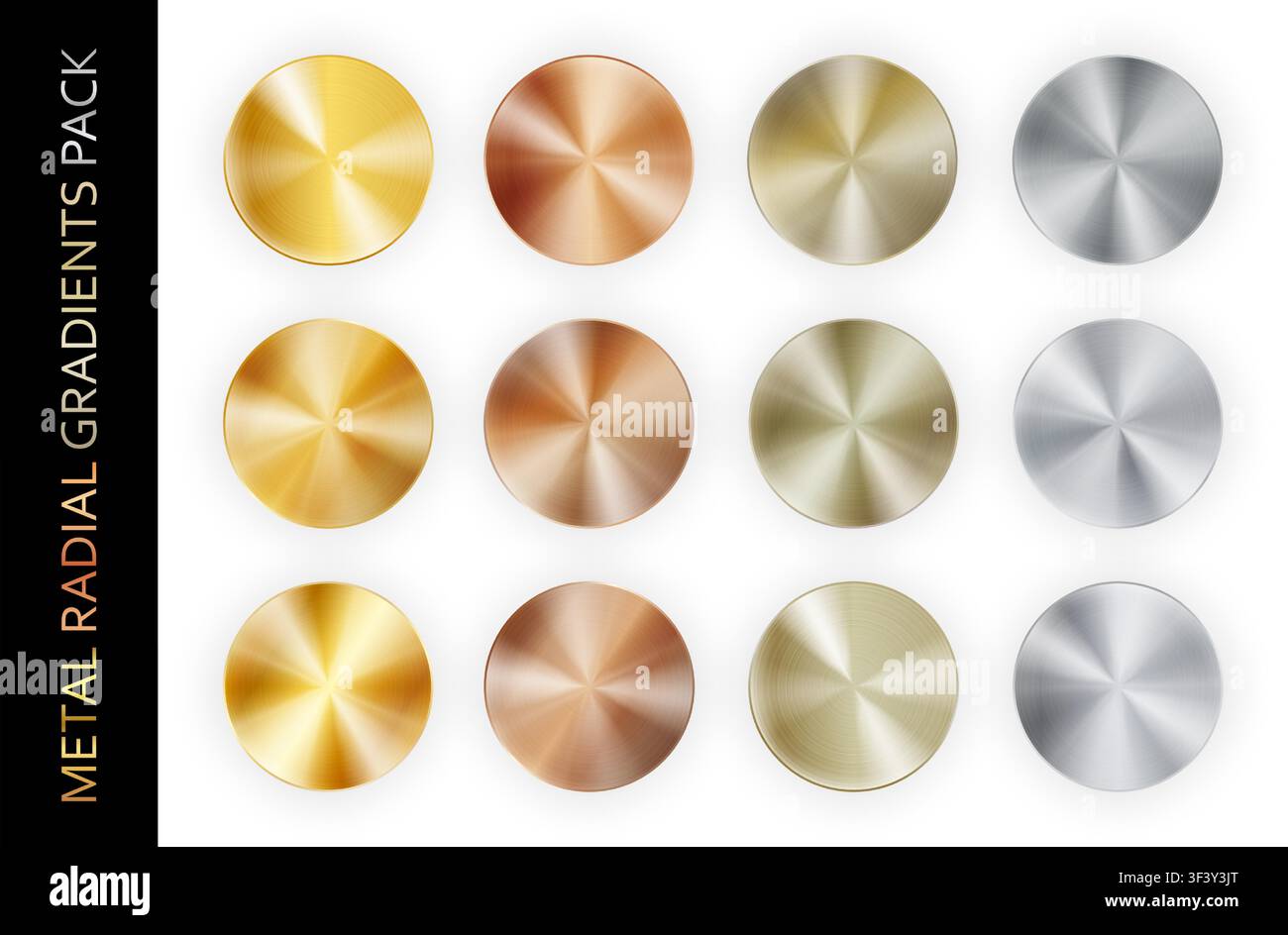 Confezione grande con gradiente radiale realistico in metallo cromato isolato su sfondo bianco con ombre. Oro, bronzo, rame, alluminio, nichel e argento Illustrazione Vettoriale