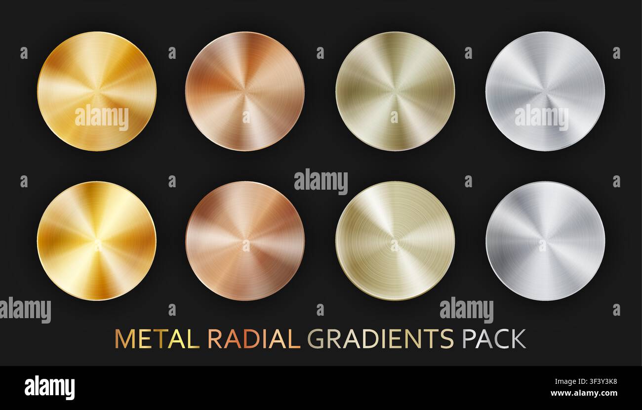 Confezione grande in metallo cromato con sfumatura radiale realistica, isolata su sfondo nero con ombre. Oro, bronzo, rame, alluminio, nichel e argento Illustrazione Vettoriale