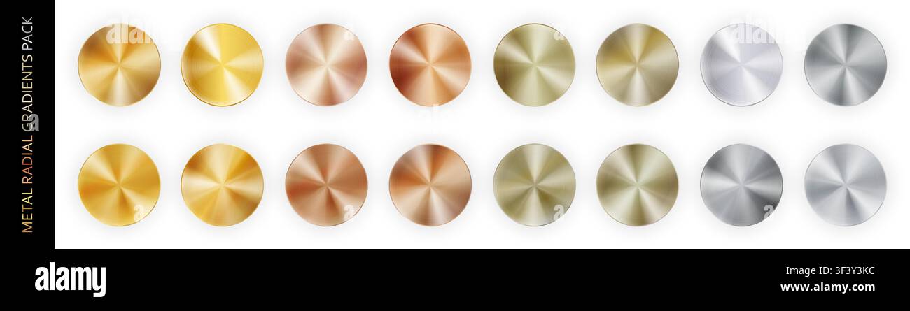 Confezione grande con gradiente radiale realistico in metallo cromato isolato su sfondo bianco con ombre. Oro, bronzo, rame, alluminio, nichel e argento Illustrazione Vettoriale