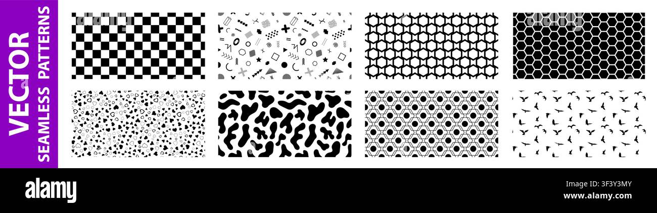 Confezione da 8 motivi larghi in bianco e nero vettoriali senza giunzione: astratti, vintage, retrò, animali, stoffa, tecnologia e geometrici. Illustrazione vettorial Illustrazione Vettoriale