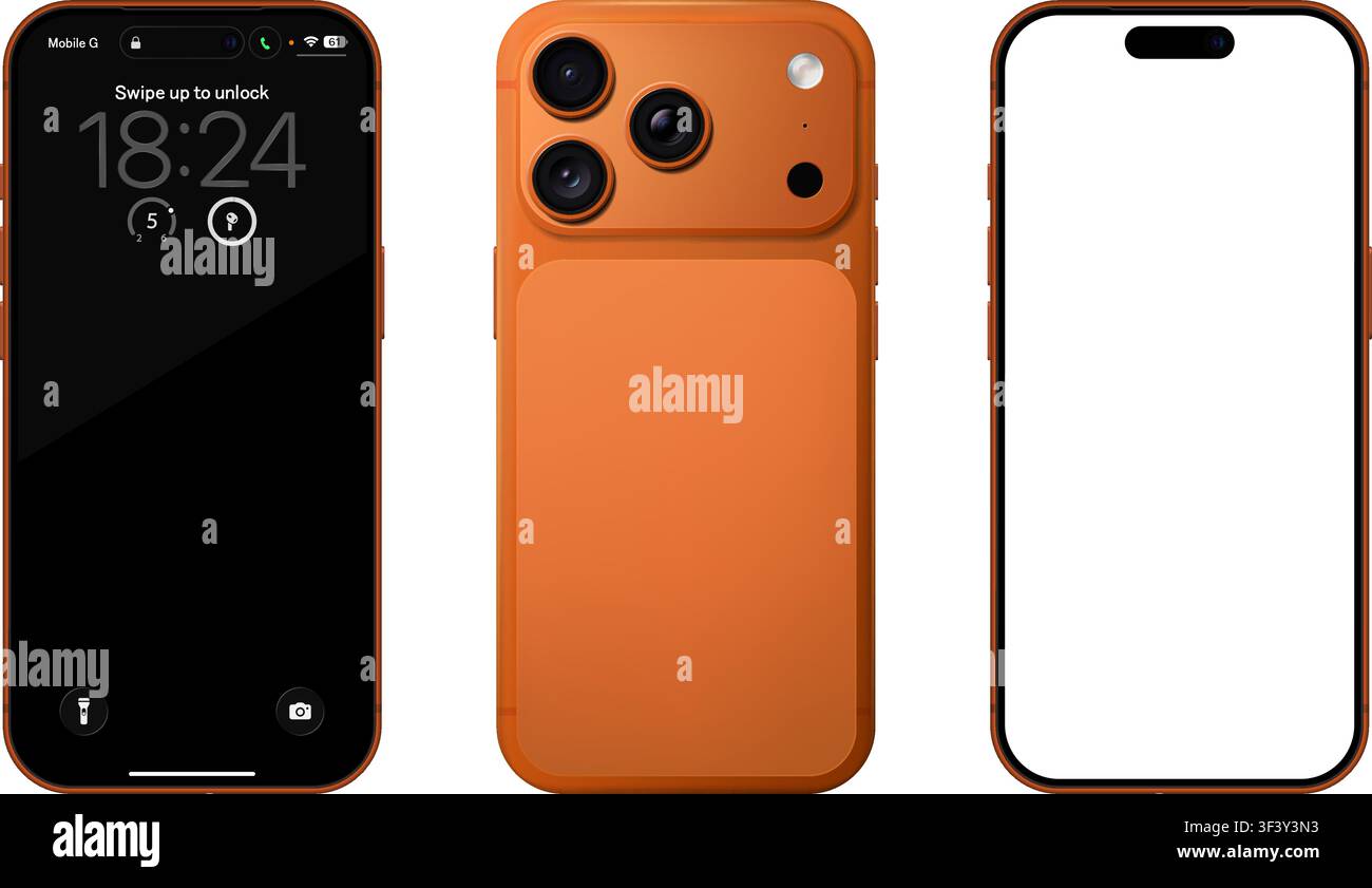 Mockup dettagliato di telefono cellulare arancione. Vista frontale e posteriore isolata su sfondo trasparente. PNG vettoriale Illustrazione Vettoriale