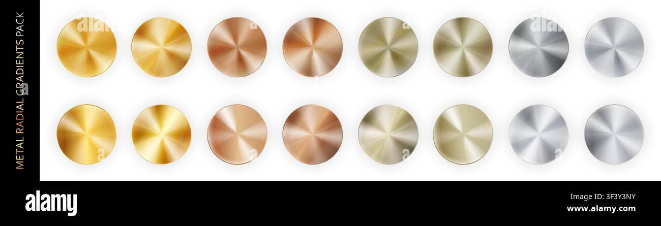 Confezione grande con gradiente radiale realistico in metallo cromato isolato su sfondo bianco con ombre. Oro, bronzo, rame, alluminio, nichel e argento Illustrazione Vettoriale