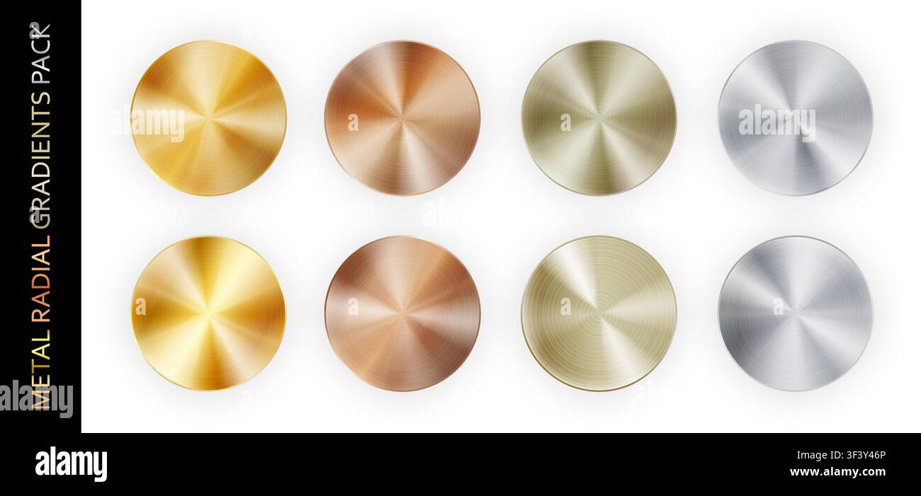 Confezione grande con gradiente radiale realistico in metallo cromato isolato su sfondo bianco con ombre. Oro, bronzo, rame, alluminio, nichel e argento Illustrazione Vettoriale