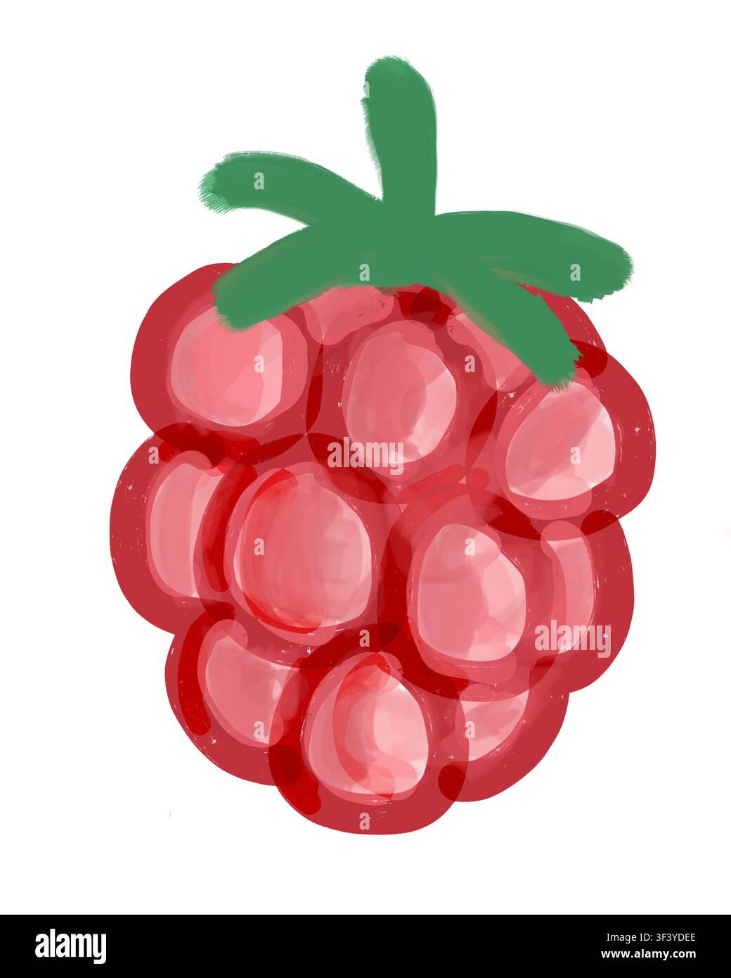 Una singola fragola matura illustrata a mano con un accento di foglia verde su sfondo bianco. Illustrazione digitale versatile per confezioni di cibo, ecc. Foto Stock