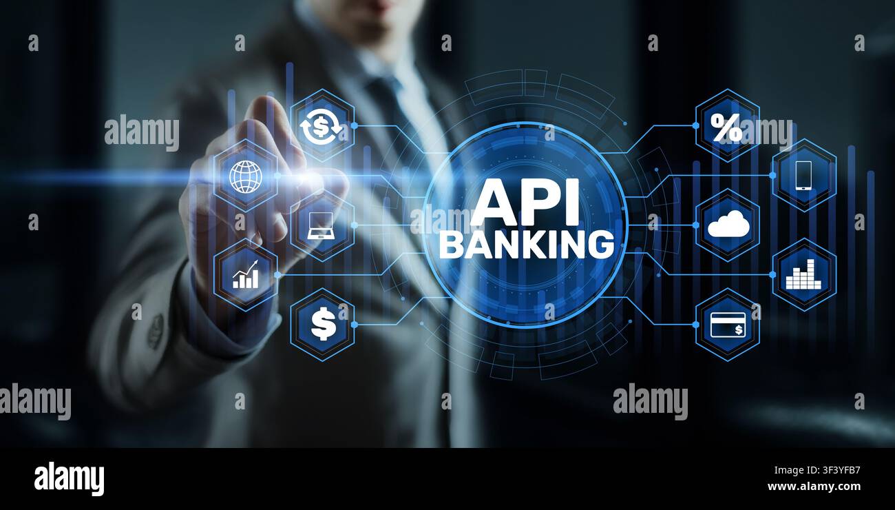 Interfaccia di banking API con uomo d'affari che tocca un dashboard finanziario digitale e icone di sistemi virtuali connessi. Foto Stock