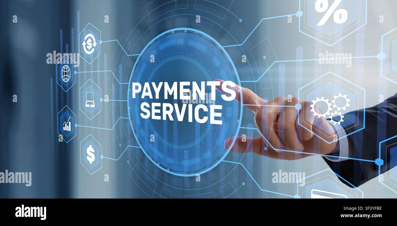 Ecosistema di servizi di pagamento con un uomo d'affari che tocca un dashboard finanziario virtuale e icone di piattaforme digitali connesse. Foto Stock