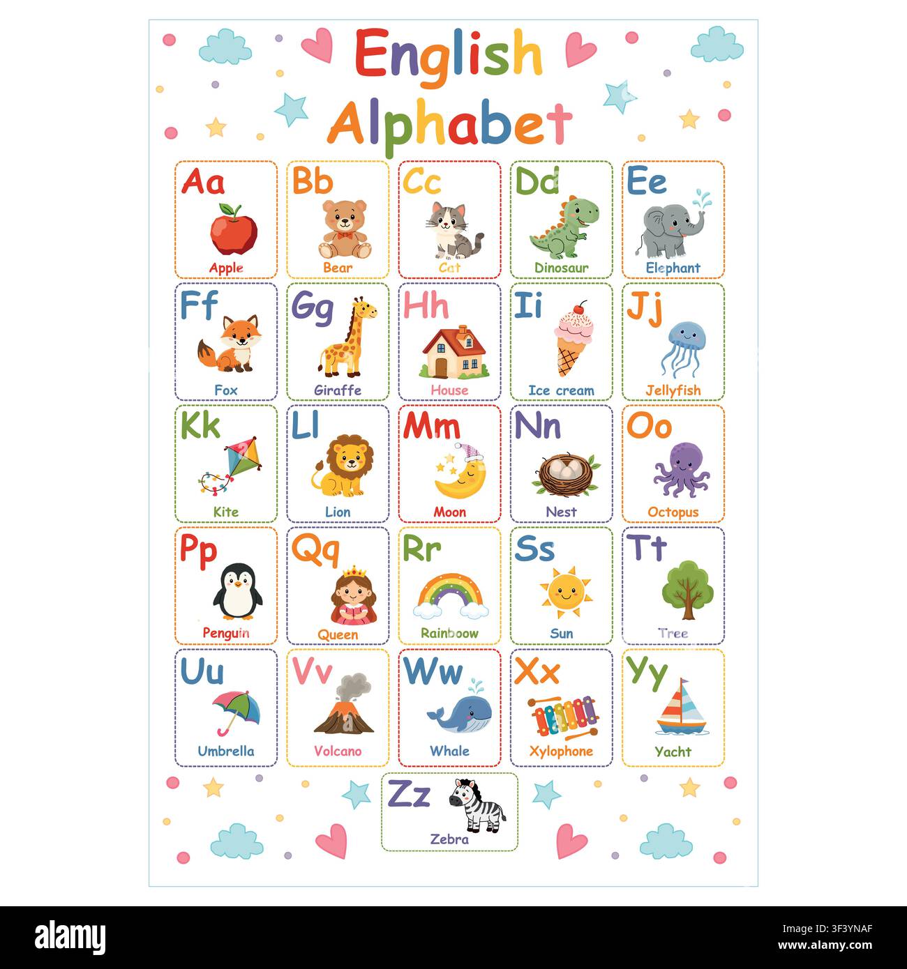 Simpatico poster dell'alfabeto inglese con animali e oggetti per bambini illustrazione vettoriale Illustrazione Vettoriale