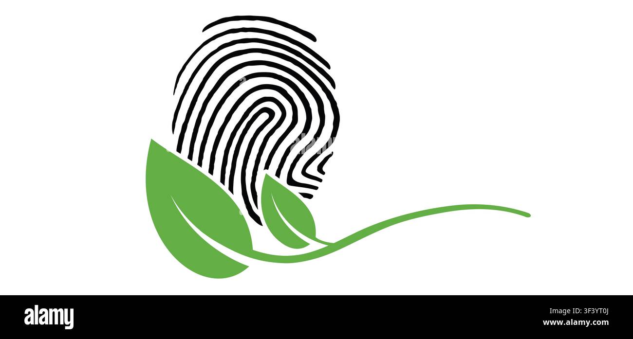 Pollice verde. Simboleggia concetti come la sostenibilità, l'ecologia e l'identità biologica. Impronta di dito in cartone animato con icona a foglia. Le persone che sono Foto Stock