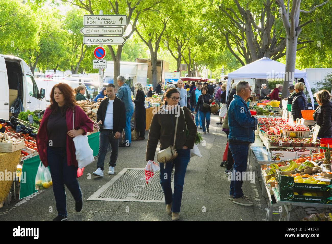 Acquistiatori che camminano attraverso un affollato mercato di strada all'aperto sotto la chioma degli alberi ad Arles, Provenza, Francia. Foto Stock