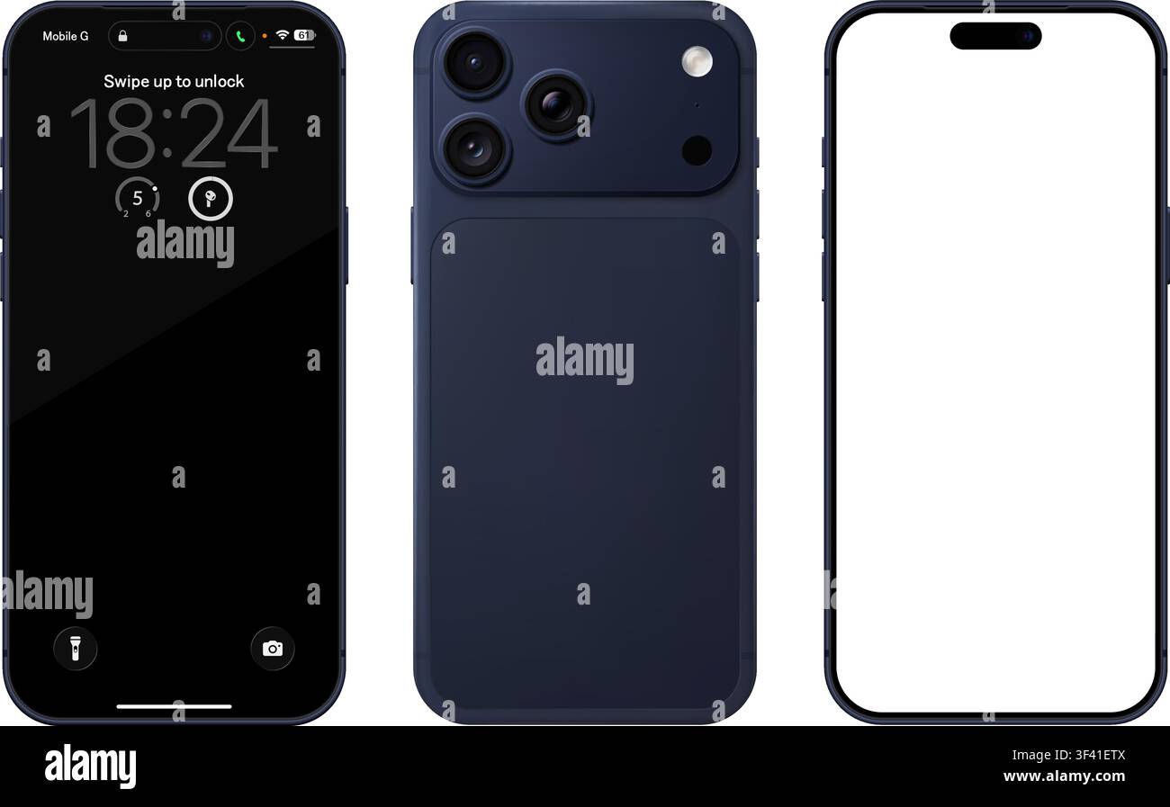 Modello dettagliato di telefono cellulare blu. Vista frontale e posteriore isolata su sfondo trasparente. PNG vettoriale Illustrazione Vettoriale