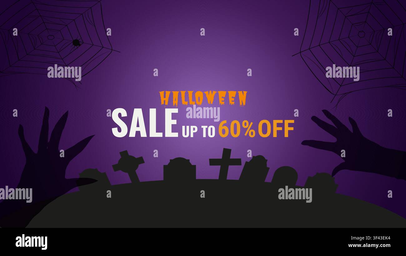 Banner con silhouette di vendita Dark Halloween per annunci, web design e marketing. Ideale per spaventose promozioni autunnali e campagne retail. Illustrazione vettoriale Premium Illustrazione Vettoriale