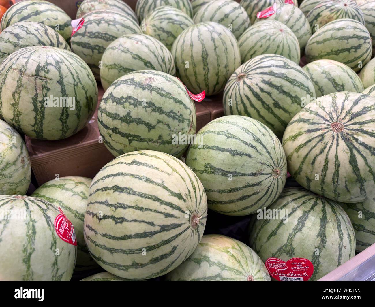 Mucchio di mini angurie fresche con bucce a righe ed etichette di prodotto esposte in un negozio. Foto Stock