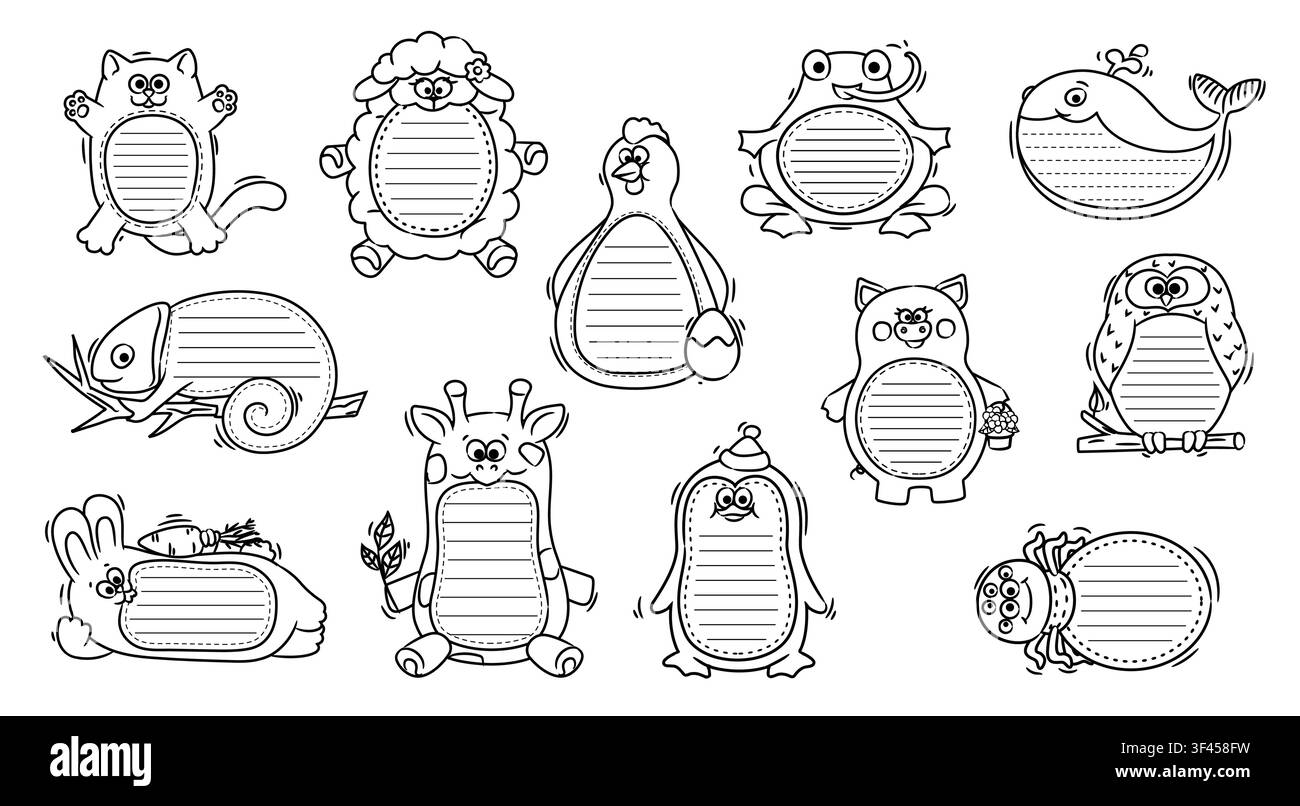 Cornici memo per bambini divertenti e carine a forma di animale. Adesivi su carta lineare vettoriale, cornici per quaderni, pianificatori o pagine di diario a forma di gatto, coniglio, giraffa e gallina. Note memo per bambini gufo, balena, maiale e rana Illustrazione Vettoriale