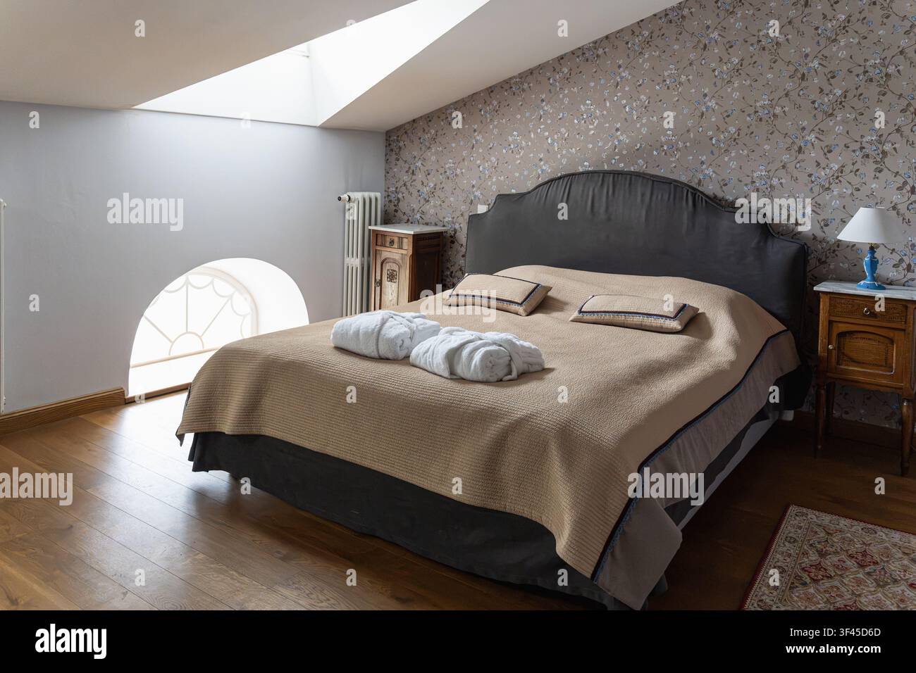 accogliente camera da letto in mansarda con lucernario, letto imbottito e accenti decorativi caldi Foto Stock