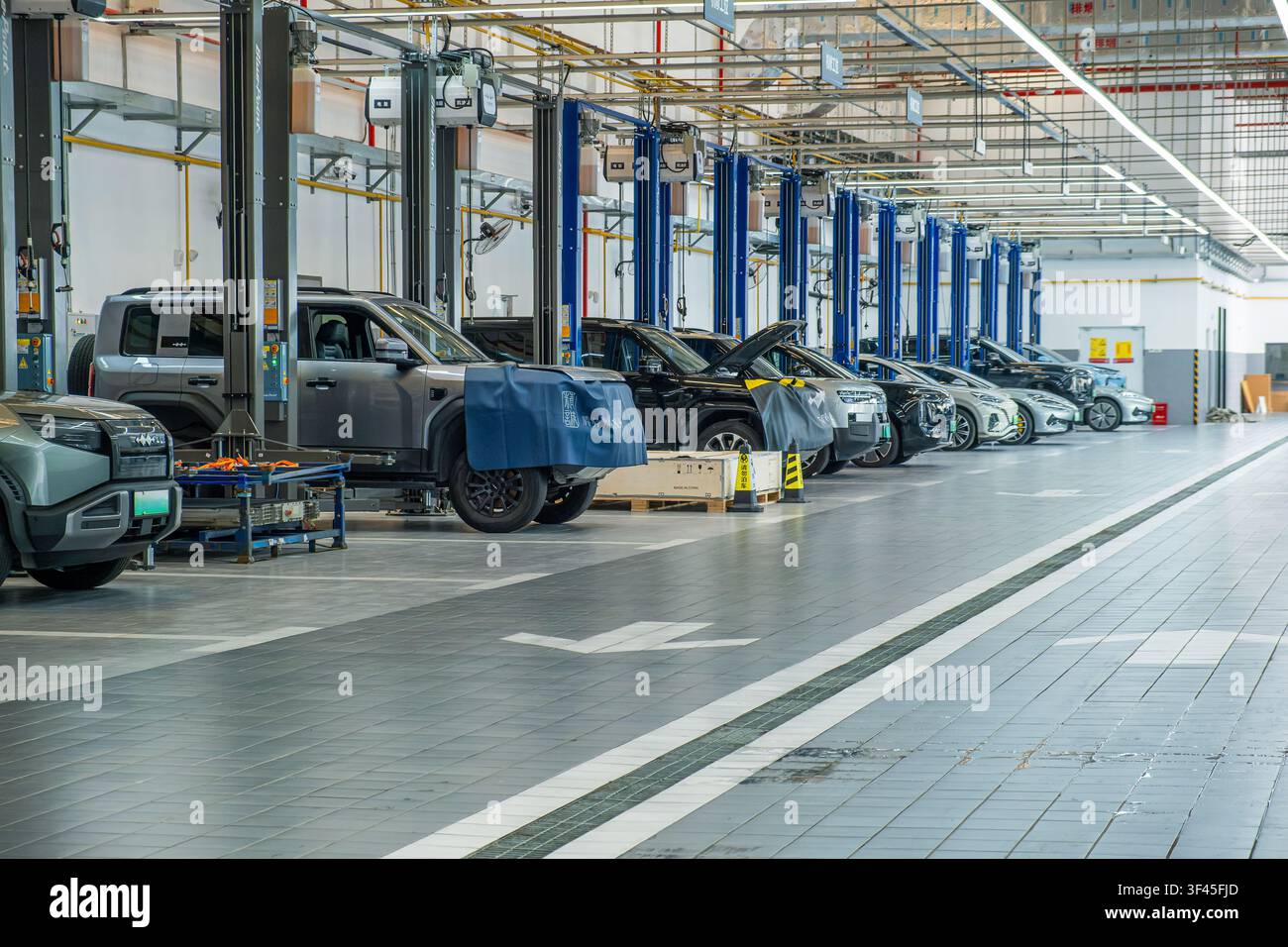 Shenzhen, Cina - 22 maggio 2026: Moderno centro di servizio automobilistico BYD con veicoli elettrici in manutenzione. Servizio post-vendita, automobilistico Foto Stock