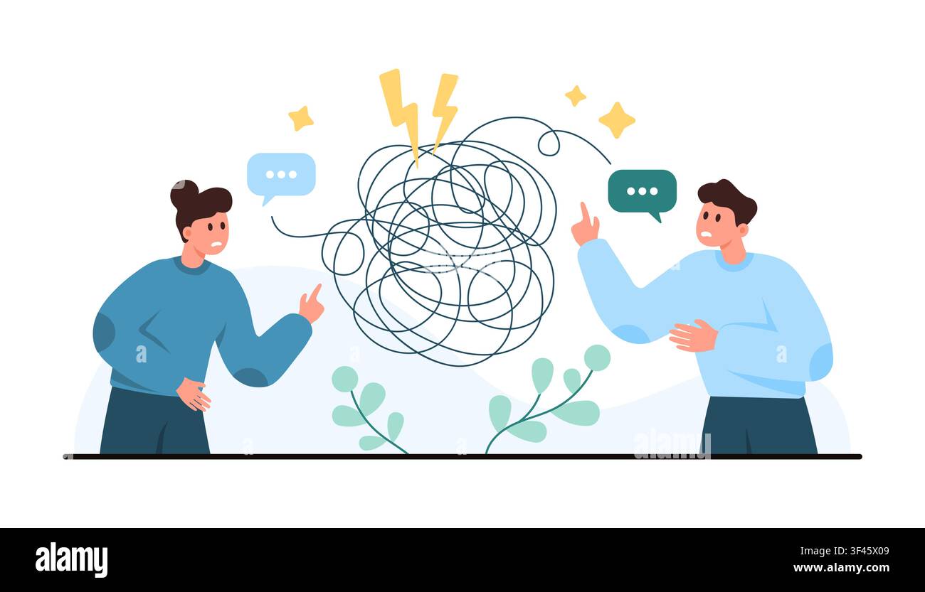Due persone affrontano una conversazione confusa con linee ingarbugliate, fumetti e gesti tesi, mostrando conflitto, segnali contrastanti, problemi di comunicazione isolati su un'illustrazione vettoriale bianca Illustrazione Vettoriale