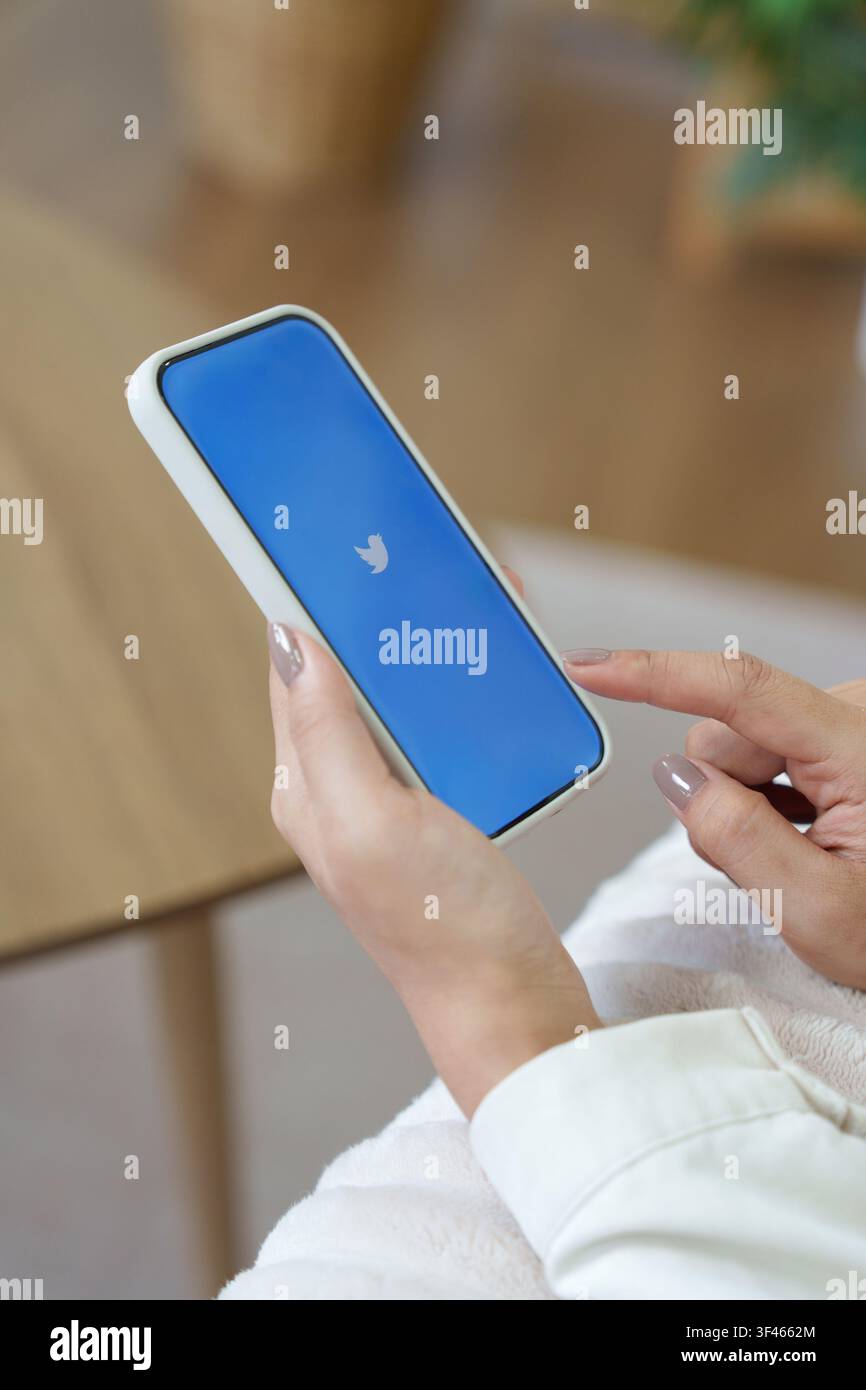 Telefono mobile con nuovo logo X per Twitter su sfondo blu con uccello bianco, Elon Musk promette di abbandonare il logo dell'uccello Foto Stock