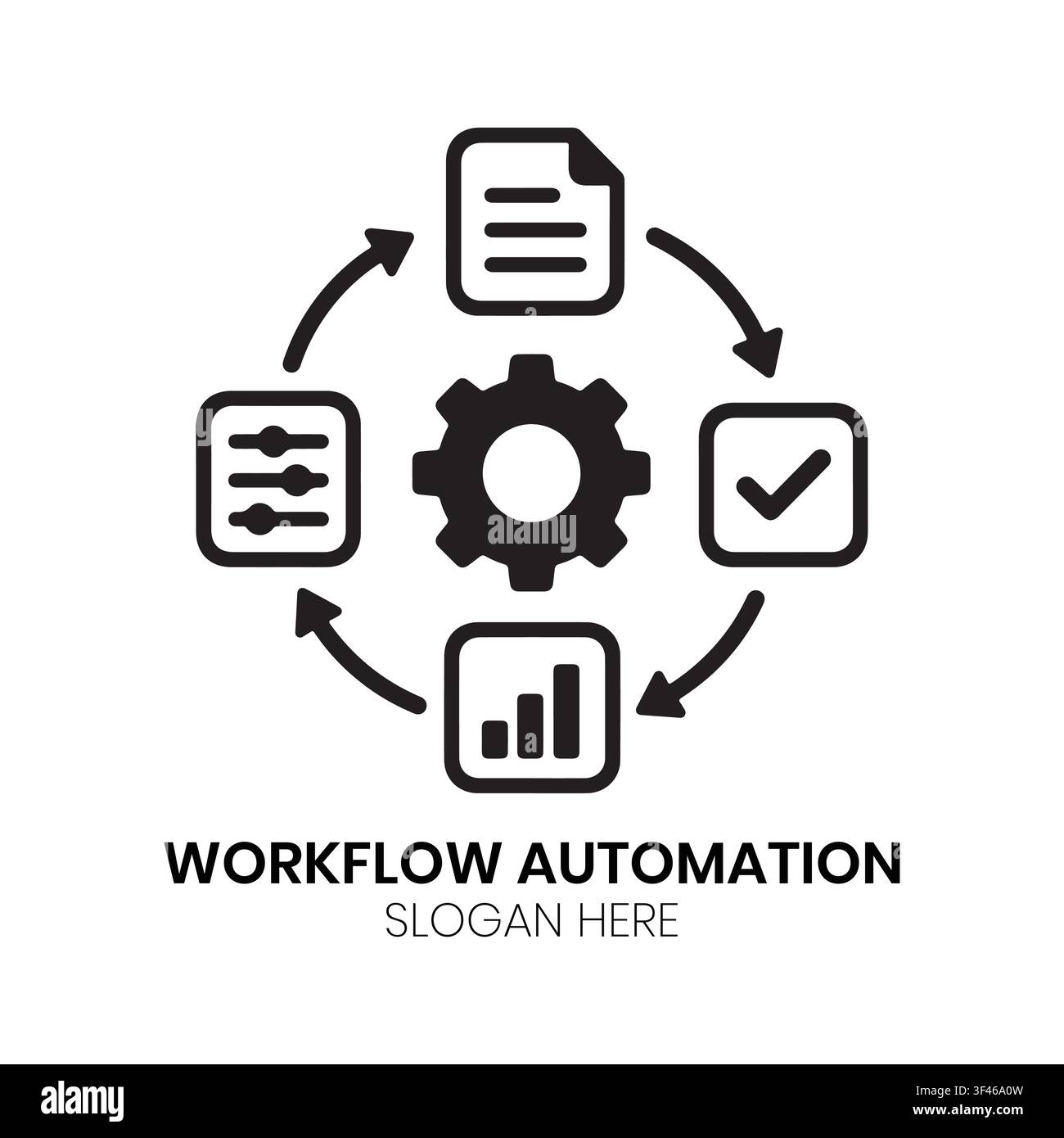 Design del logo di automazione del flusso di lavoro con simboli di revisione dei documenti e monitoraggio dei processi disposti in uno schema circolare del flusso di lavoro aziendale Illustrazione Vettoriale