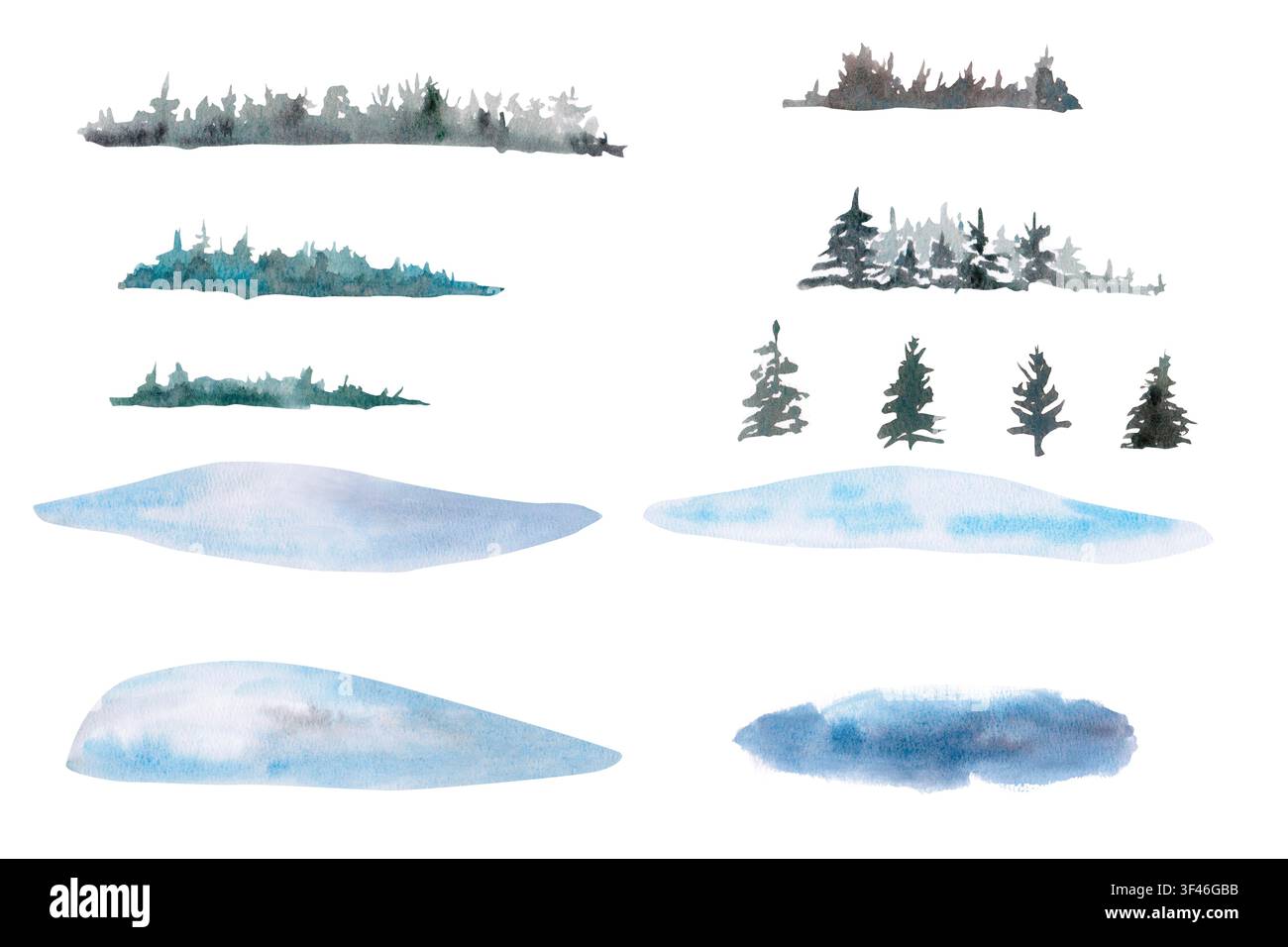 Un insieme di alberi lontani e di mezzo piano e cumuli di neve. Questa illustrazione ad acquerello isolata è perfetta per biglietti di auguri, decorazioni di Capodanno Foto Stock