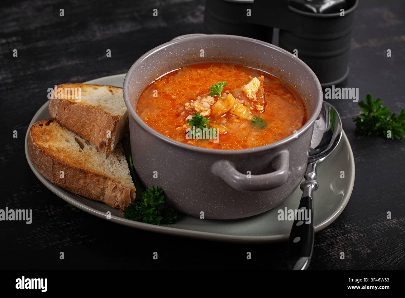 Ciotola di comfort food con zuppa di cavolo e prezzemolo fresco Foto Stock