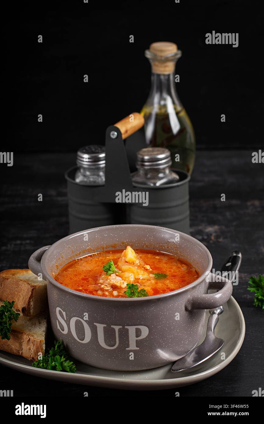 Zuppa di cavolo fatta in casa con carne tritata e pane rustico. Zuppa cecoslovacca. Foto Stock