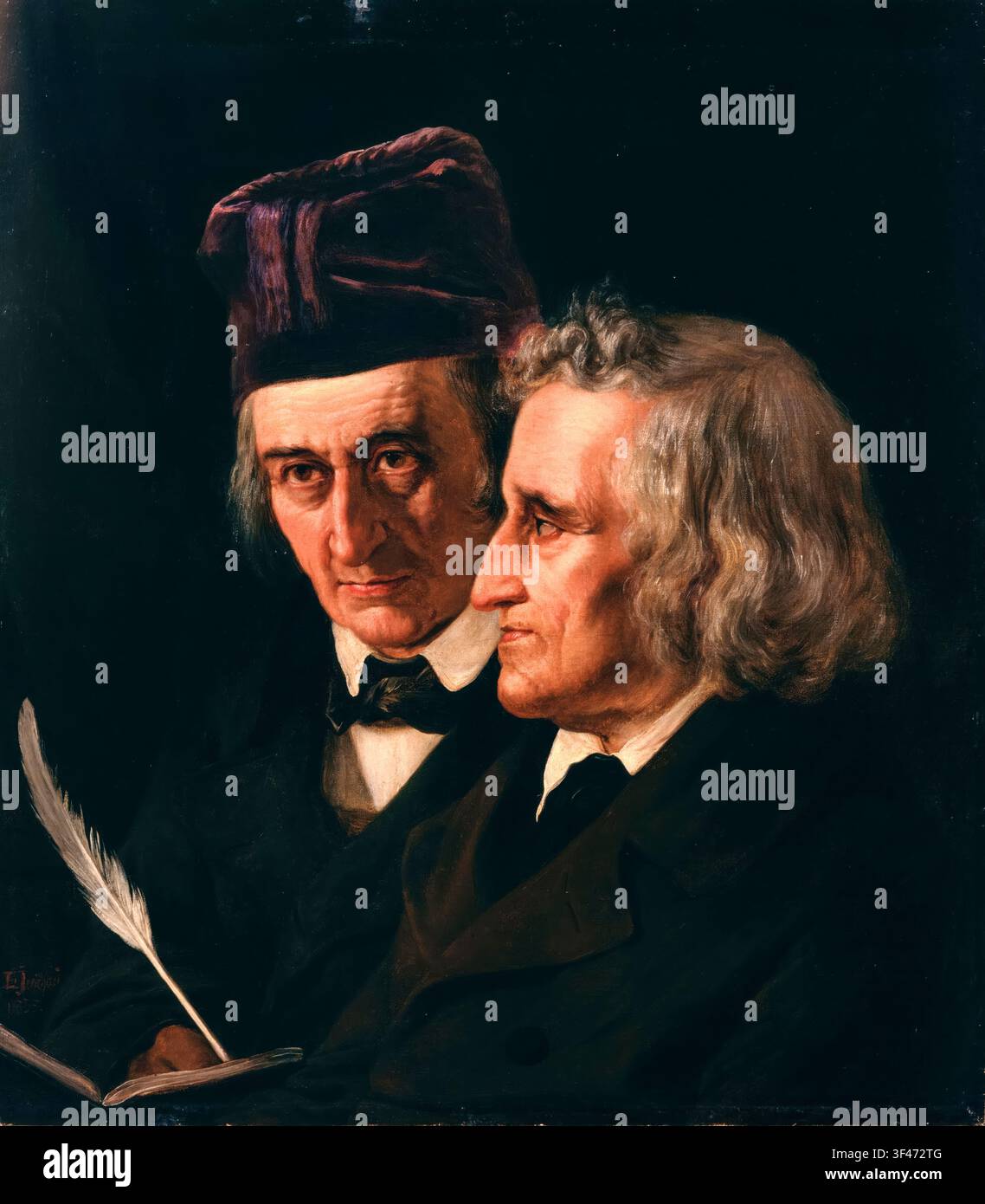 I Fratelli Grimm, Wilhelm Grimm (1786-1859) (a sinistra), e Jacob Grimm (1785-1863) (a destra), editori e narratori di fiabe, folklore e favole per bambini, pittura ritratto in olio su tela di Elisabeth Jerichau-Baumann, 1855 Foto Stock