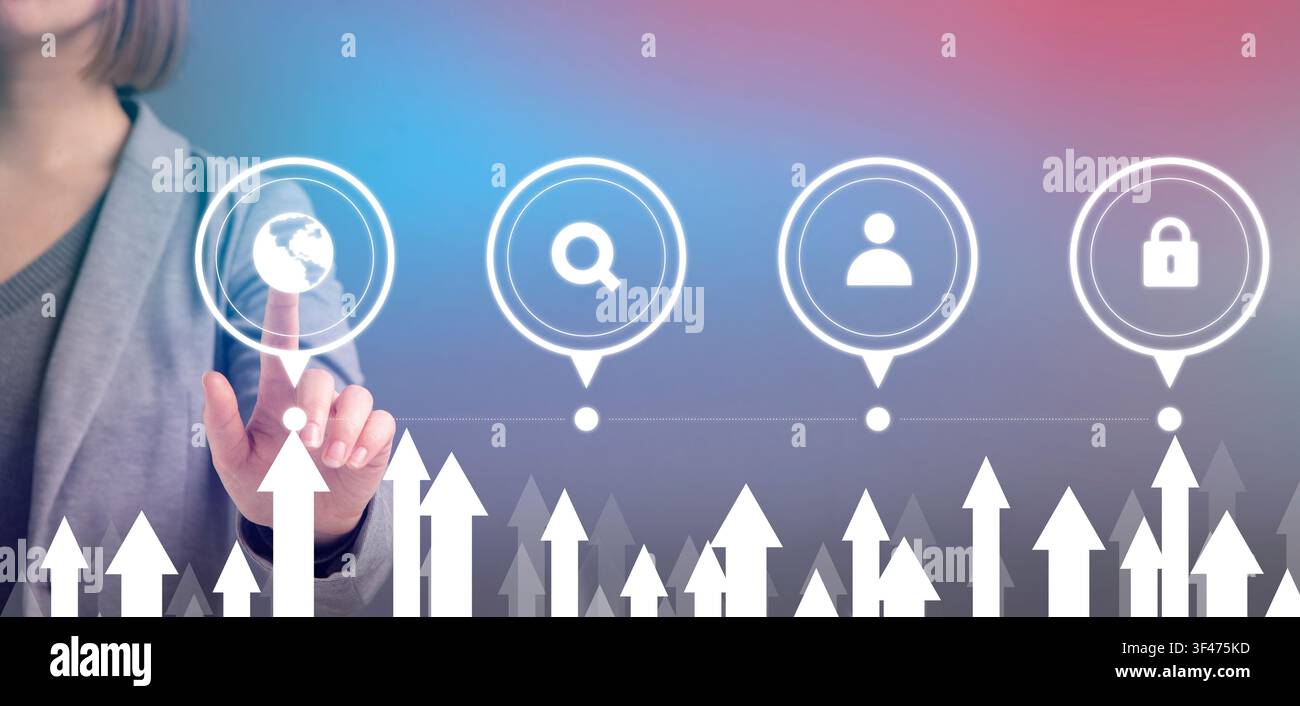 Donna che punta allo schermo virtuale con un dito Foto Stock