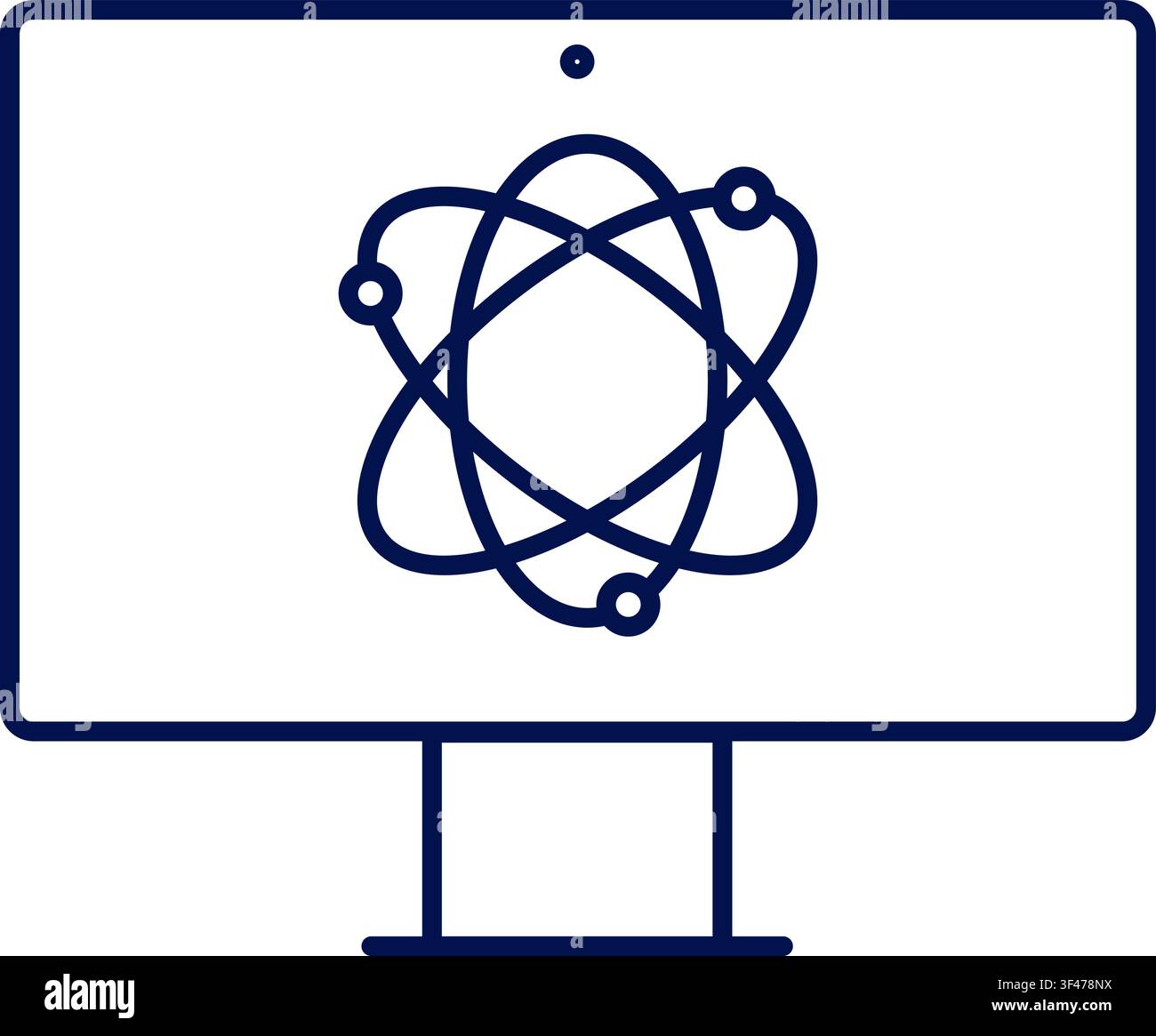 Icona di calcolo quantistico con atomo sullo schermo del monitor. Illustrazione vettoriale, design piatto Illustrazione Vettoriale