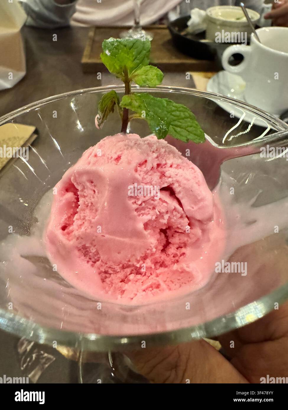 Prima piano di gelato alla fragola rosa servito in una ciotola di vetro con guarnizione di menta fresca. Foto Stock