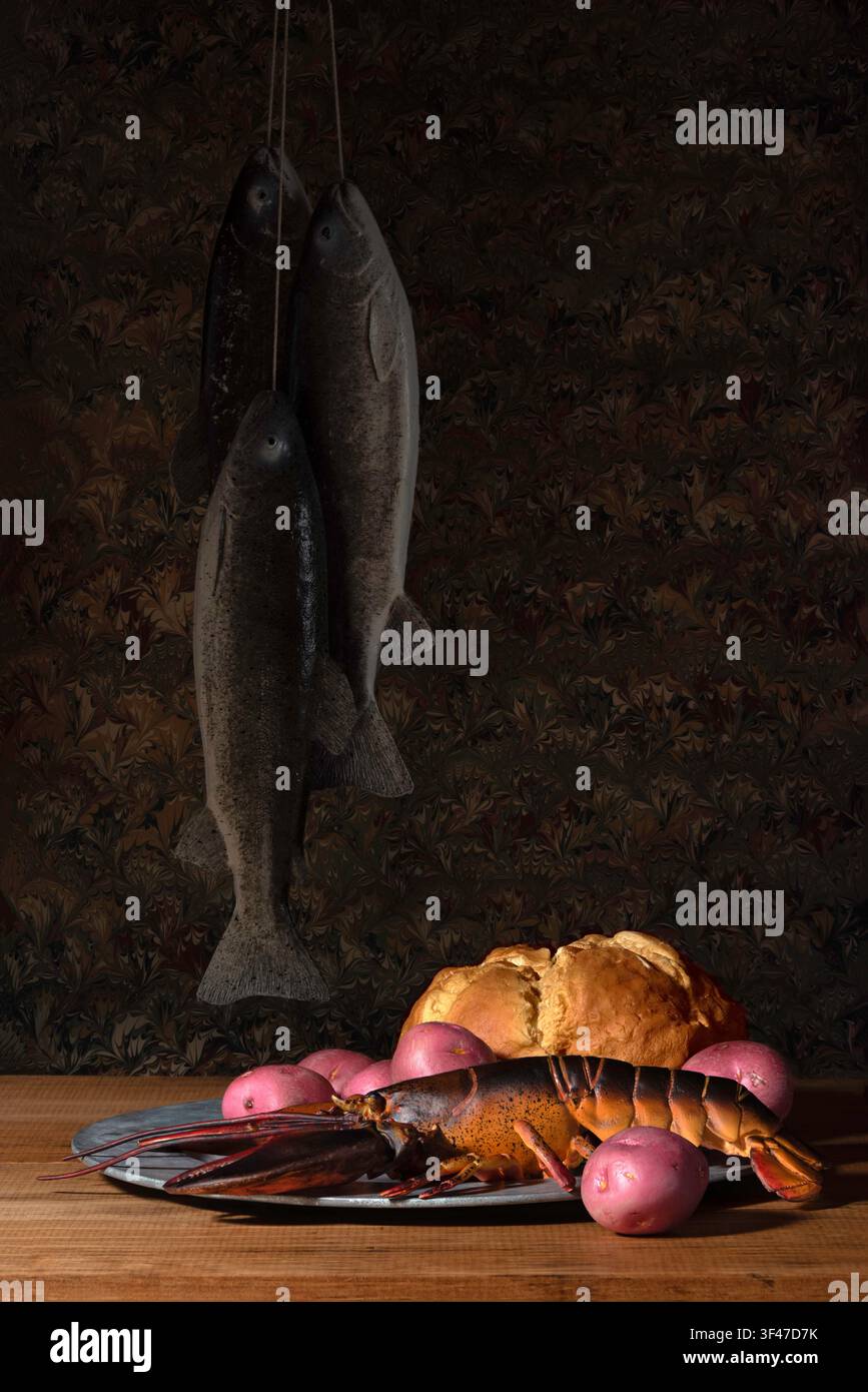 Una natura morta degli ingredienti per lo stufato di aragosta del Maine, fotografata nello stile dei maestri olandesi antichi, utilizzando cibi di plastica Foto Stock