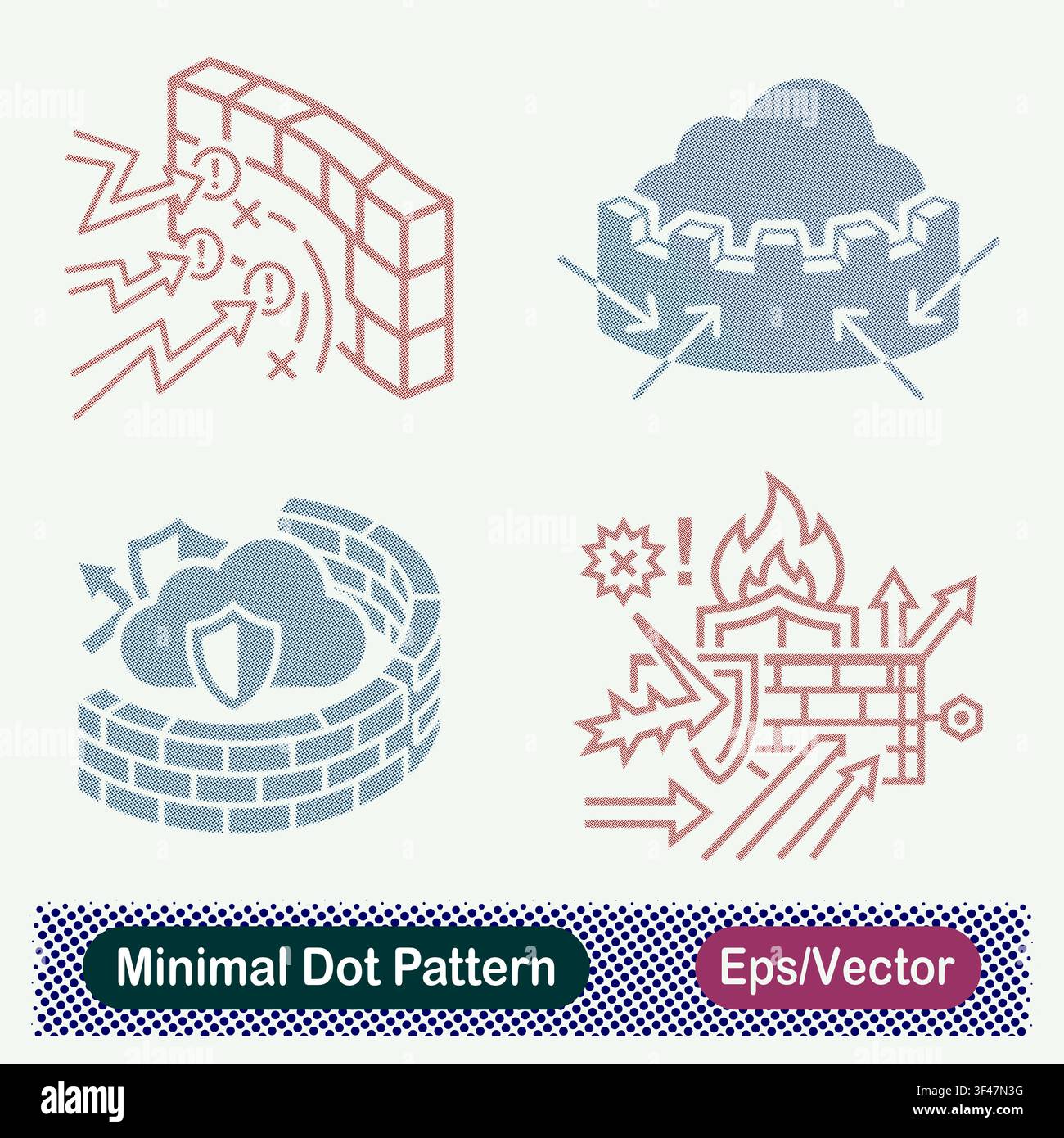 Blocco di attacco firewall a motivo puntato minimo, protezione Cloud Castle Fortress, scudo di muro di mattoni di difesa cloud e scudo murale antincendio per attacchi cyber Illustrazione Vettoriale